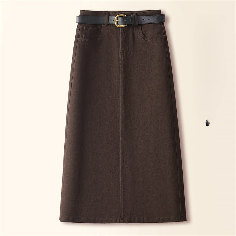 Brown A- Line Straight Skirt Retro Slit Hip Skirt