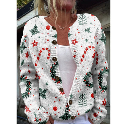 Round Neck Sweater Christmas Button Cardigan Long Sleeve Sweater