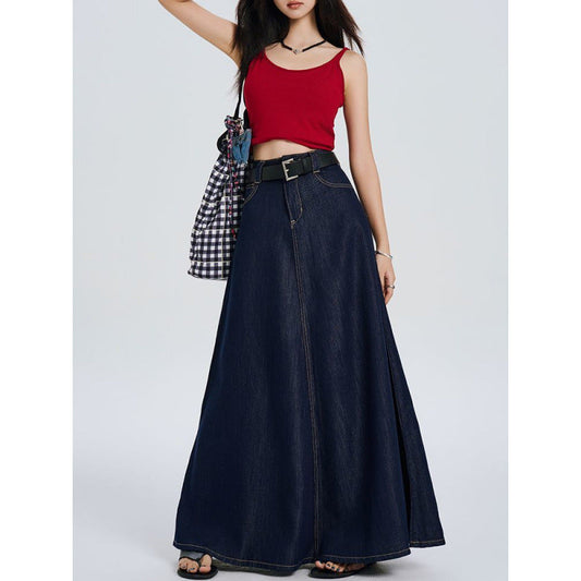 Women's Solid Color Loose Fit Blue Vintage Denim Skirt