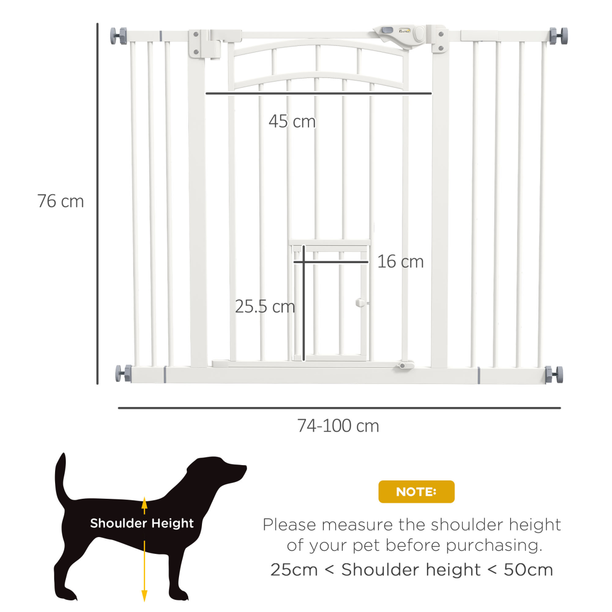PawHut Pressure Fit Safety Gate, Dog Gate w/ Small Cat Door, 74-100cm Openings