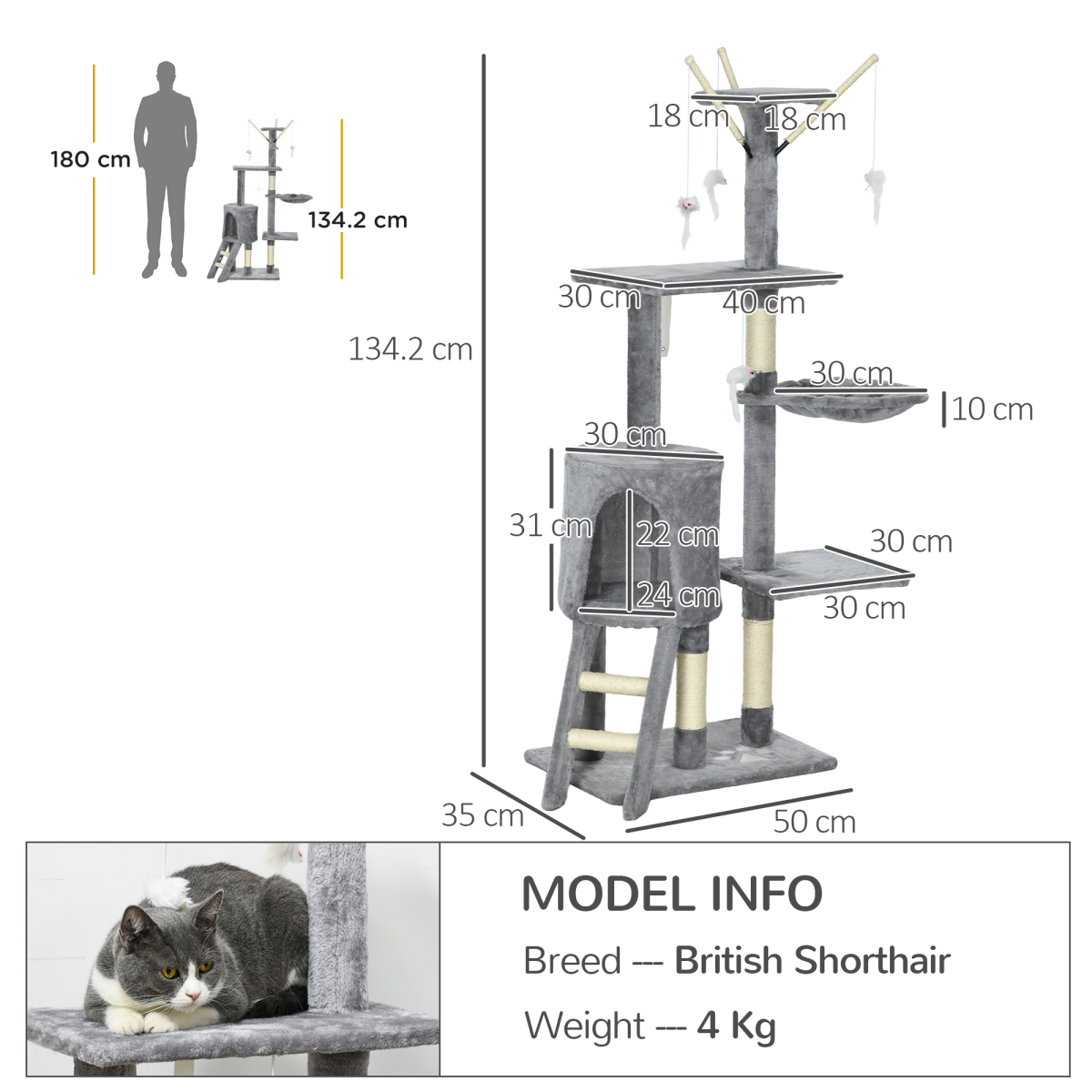PawHut Cat Tree Kitty Activity Centre Scratching Post With Toys 5-tier Grey