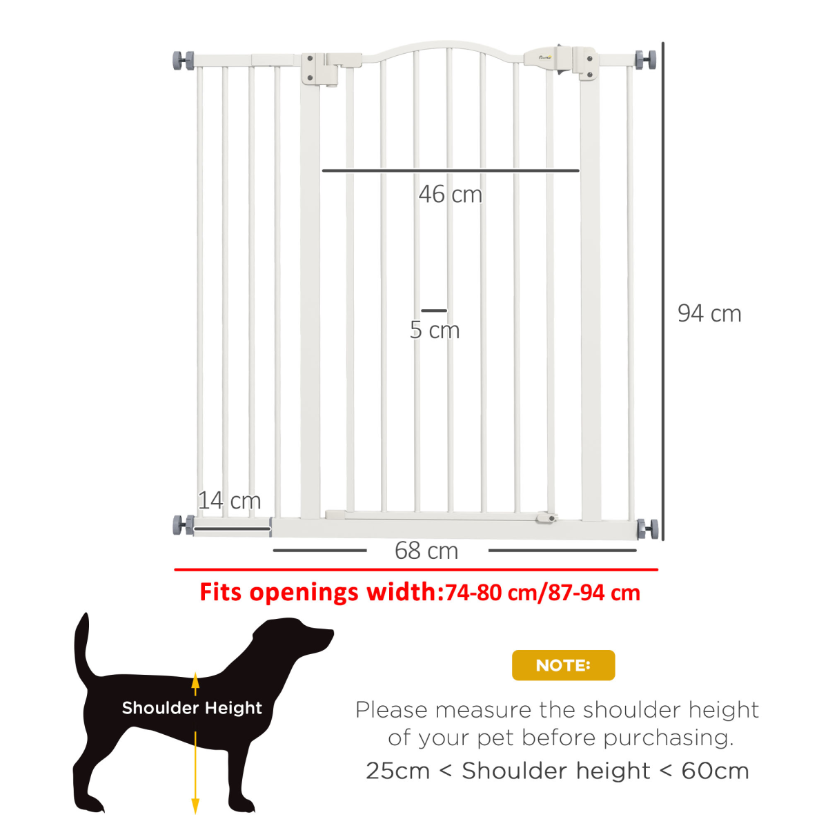 PawHut 74-94cm Adjustable Metal Pet Gate Safety Barrier w/ Auto-Close Door White