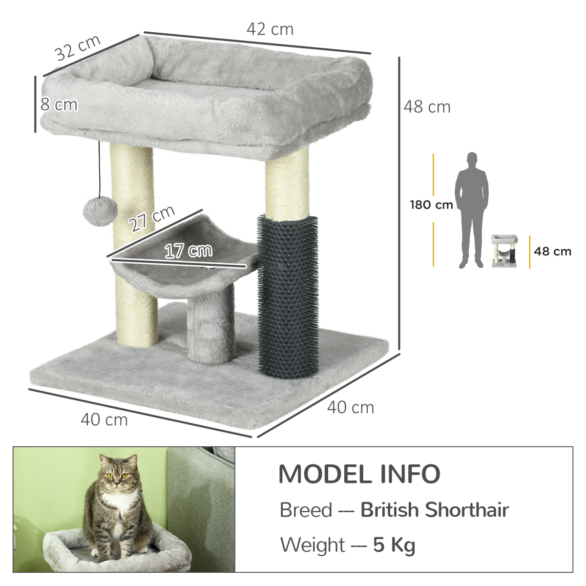 PawHut Small Cat Tree Tower with Scratching Posts, Bed, Perch, Self Groomer, Toy