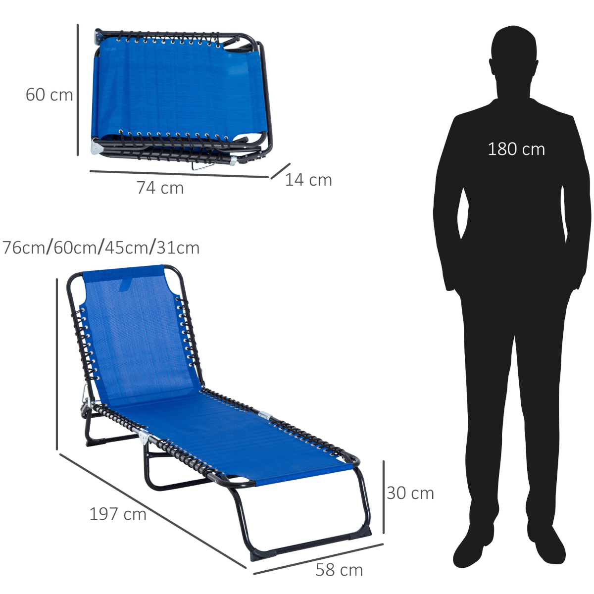 Outsunny Folding Sun Lounger, 3 Positions-Blue