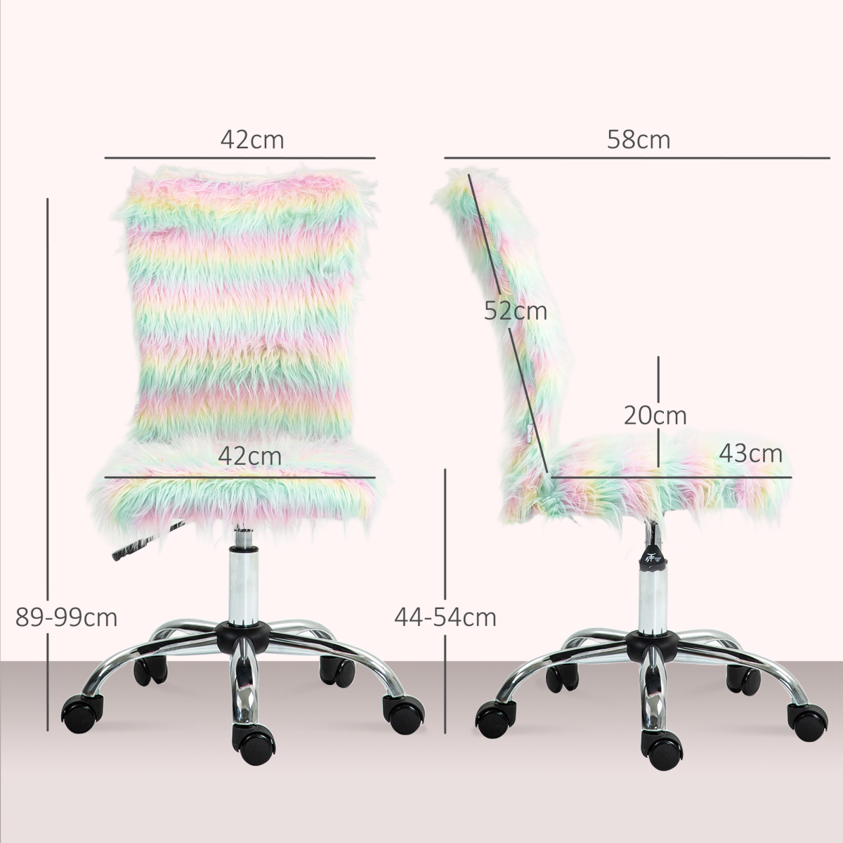 HOMCOM Fluffy Makeup Vanity Chair with No Arm, Swivel Wheels, Unicorn Tone