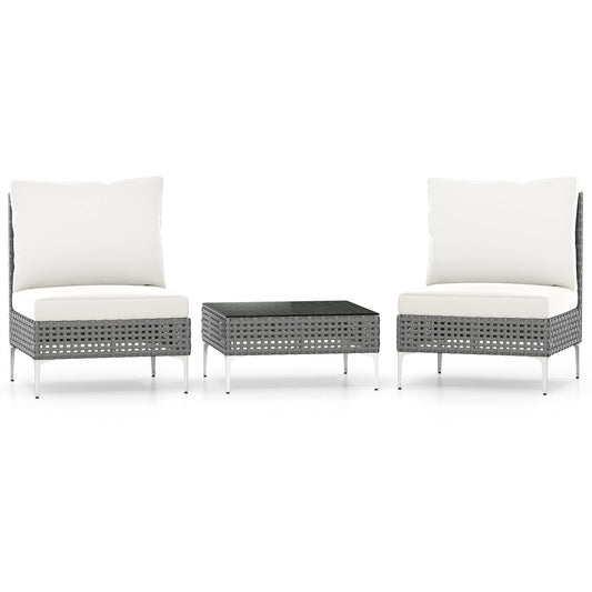 3 Pieces PE Rattan Conversation Chairs with Tempered Glass Coffee Table for Garden Porch-Grey