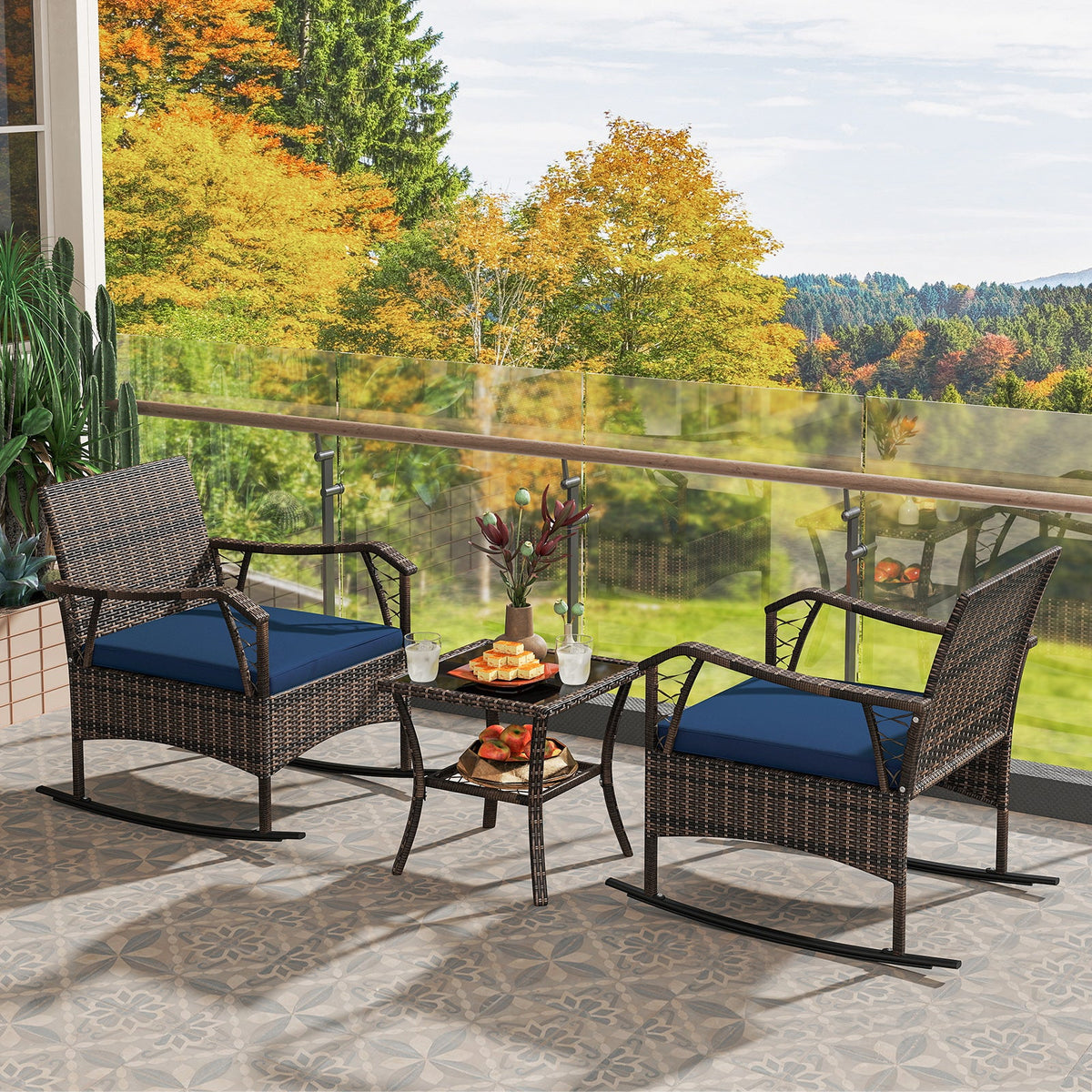 3 Pieces Rocking Bistro Set with Cushions for Porch-Navy