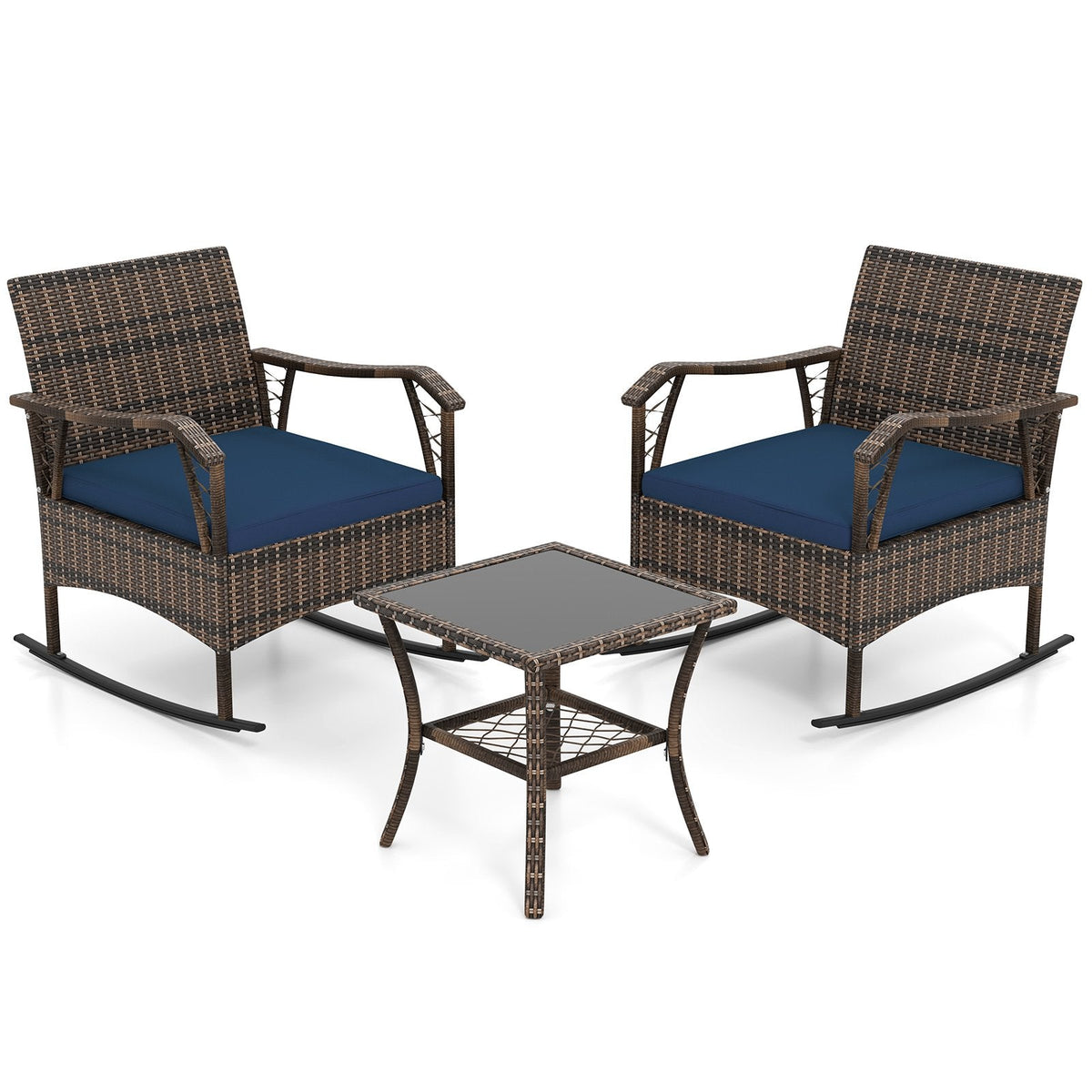 3 Pieces Rocking Bistro Set with Cushions for Porch-Navy