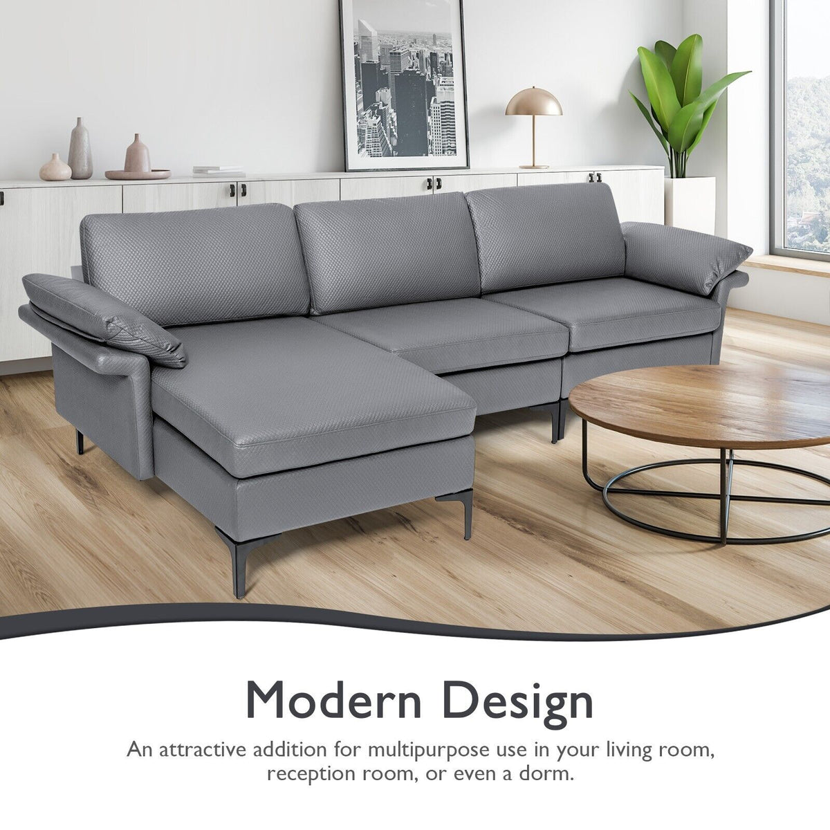 L-shaped 3-Seat Upholstered Sectional Sofa-Grey