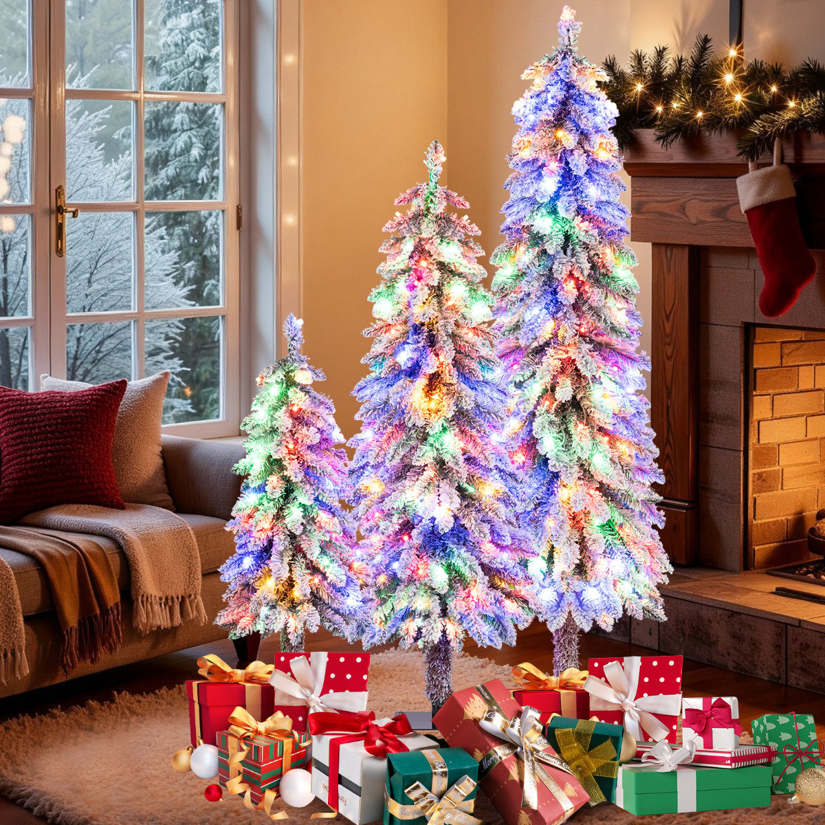 3’ 4’ 5’ Artificial Christmas Tree Set with 115 + 207 + 275 Branch Tips and 50 + 100 + 150 Colorful LED Lights