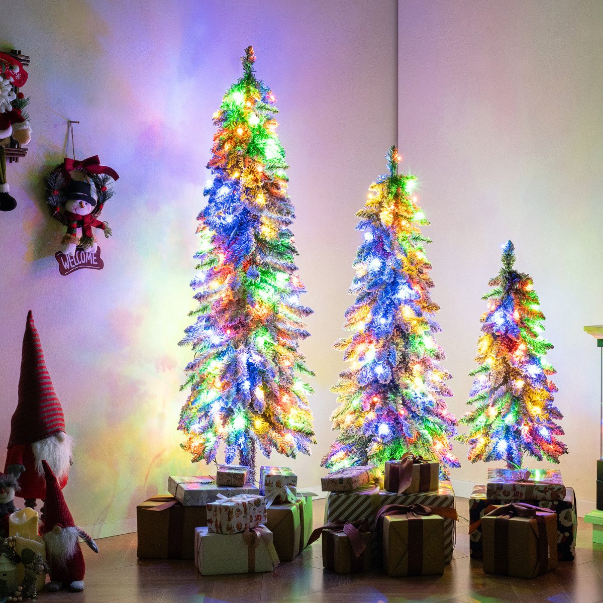 3’ 4’ 5’ Artificial Christmas Tree Set with 115 + 207 + 275 Branch Tips and 50 + 100 + 150 Colorful LED Lights