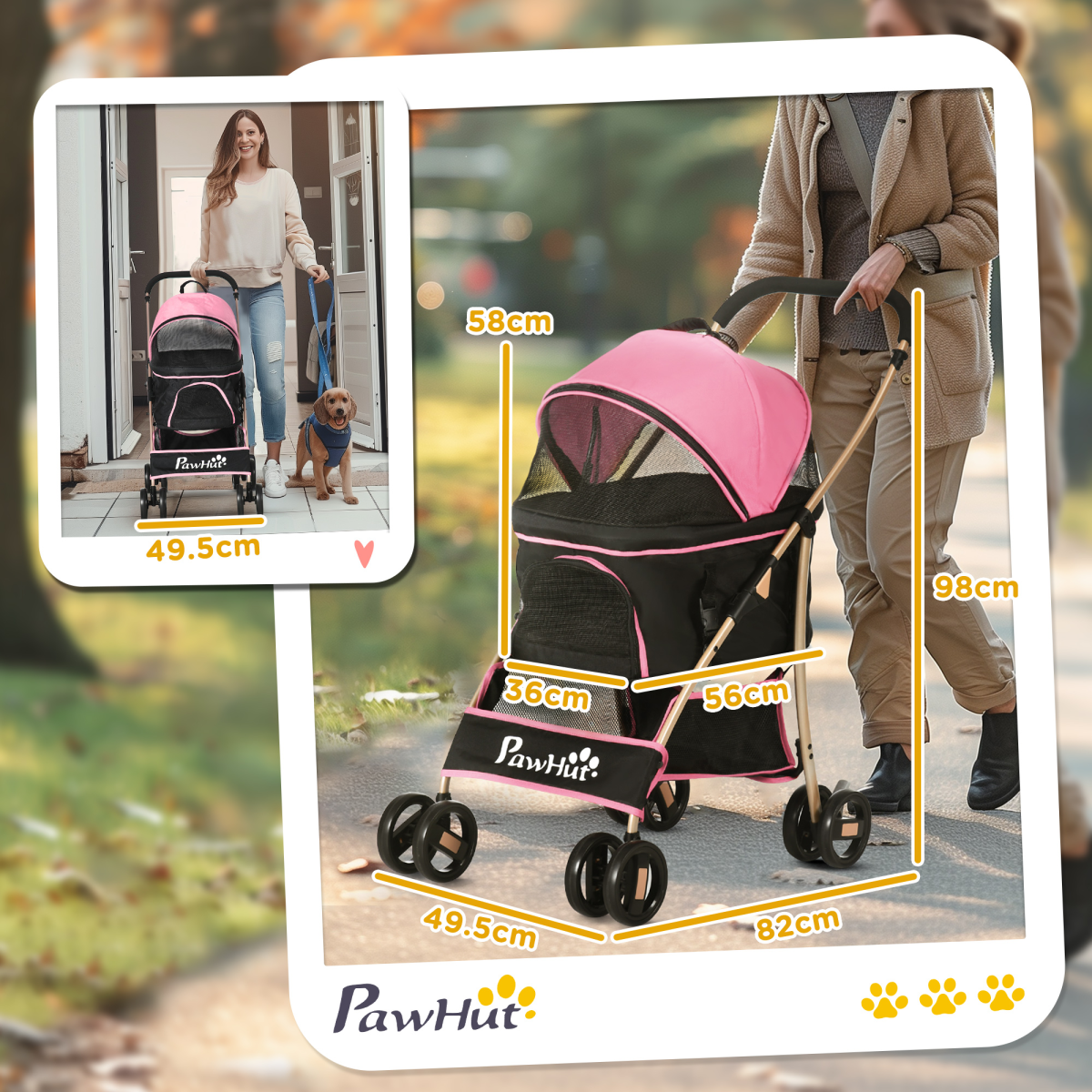 PawHut 3 In 1 Pet Stroller, Detachable Dog Cat Travel Carriage - Pink