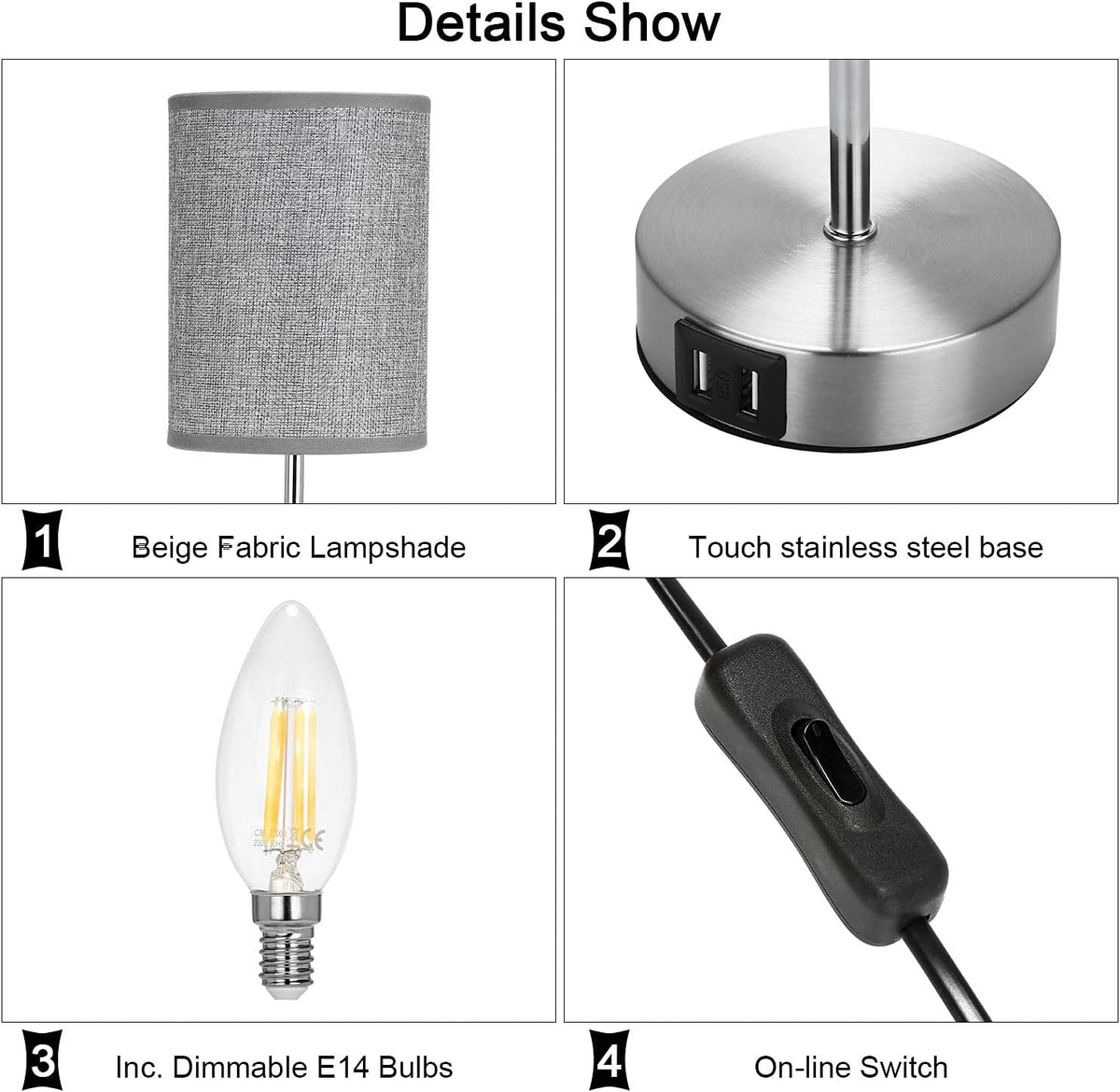 Lightess 2x Touch Bedside Lamps Grey, USB, Dimmable, E14 Bulbs Included