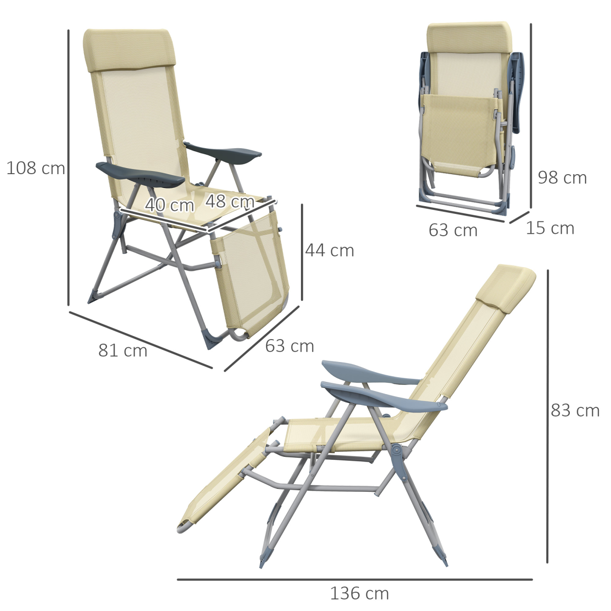 Outsunny Reclining Garden Chairs Set of 2 with 5-level Adjustable Backrest Beige