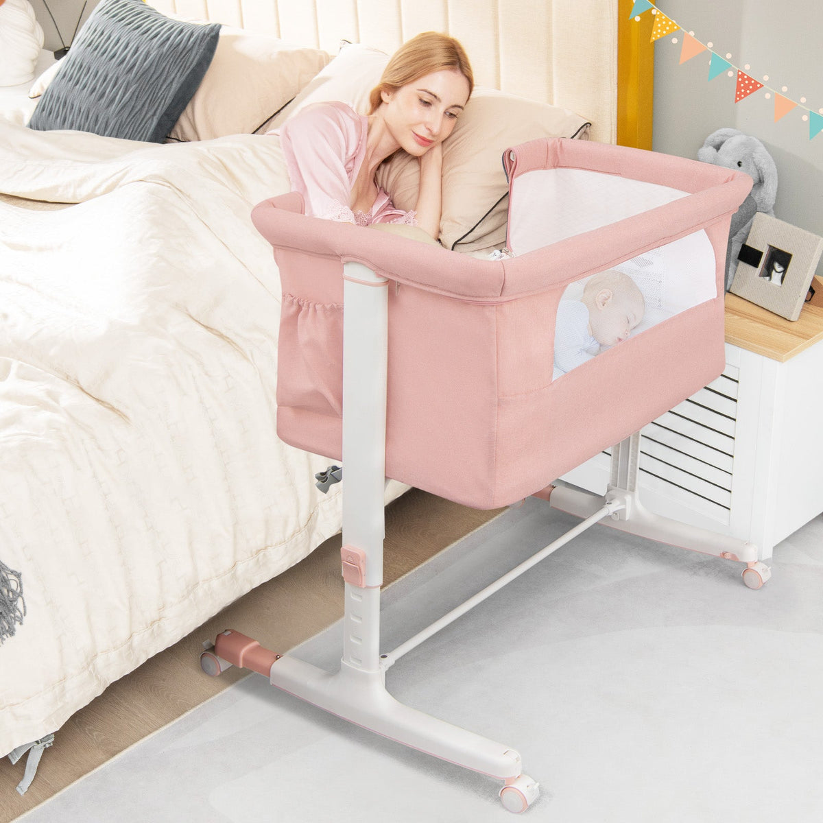 3-in-1 Adjustable Baby Bedside Bassinet with Mattress-Beige