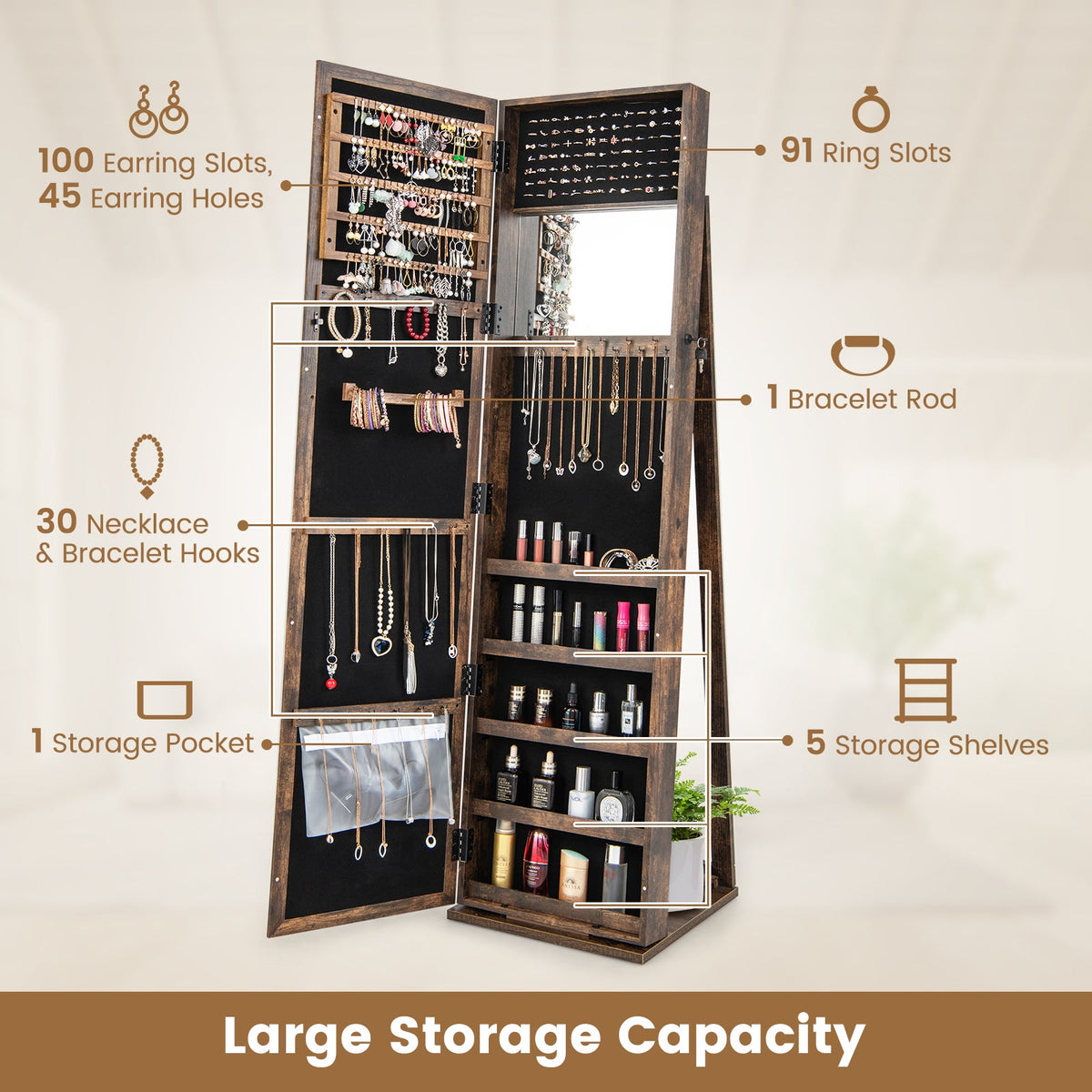 3-in-1 Mirrored Jewelry Armoire with Display Shelves-Black
