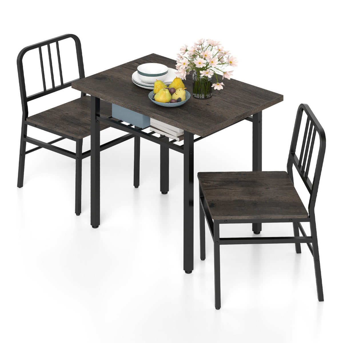 3-Piece Dining Table Set with Storage Rack and Metal Legs-Grey