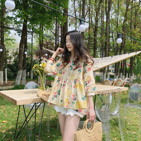 Doll-collar Top Summer New Arrival Loose-fit Vintage Puff-sleeve Blouse