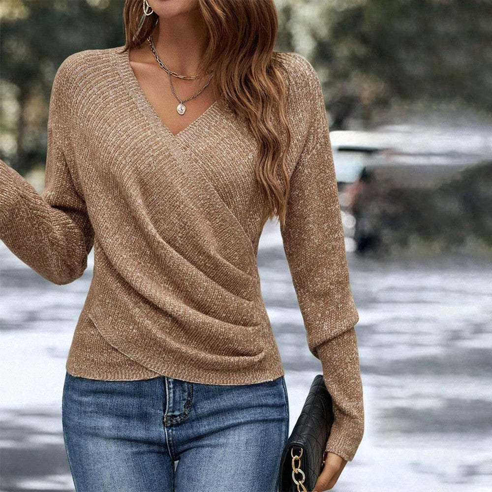 V-neck Long Sleeve Cross Solid Color Knitted Sweater