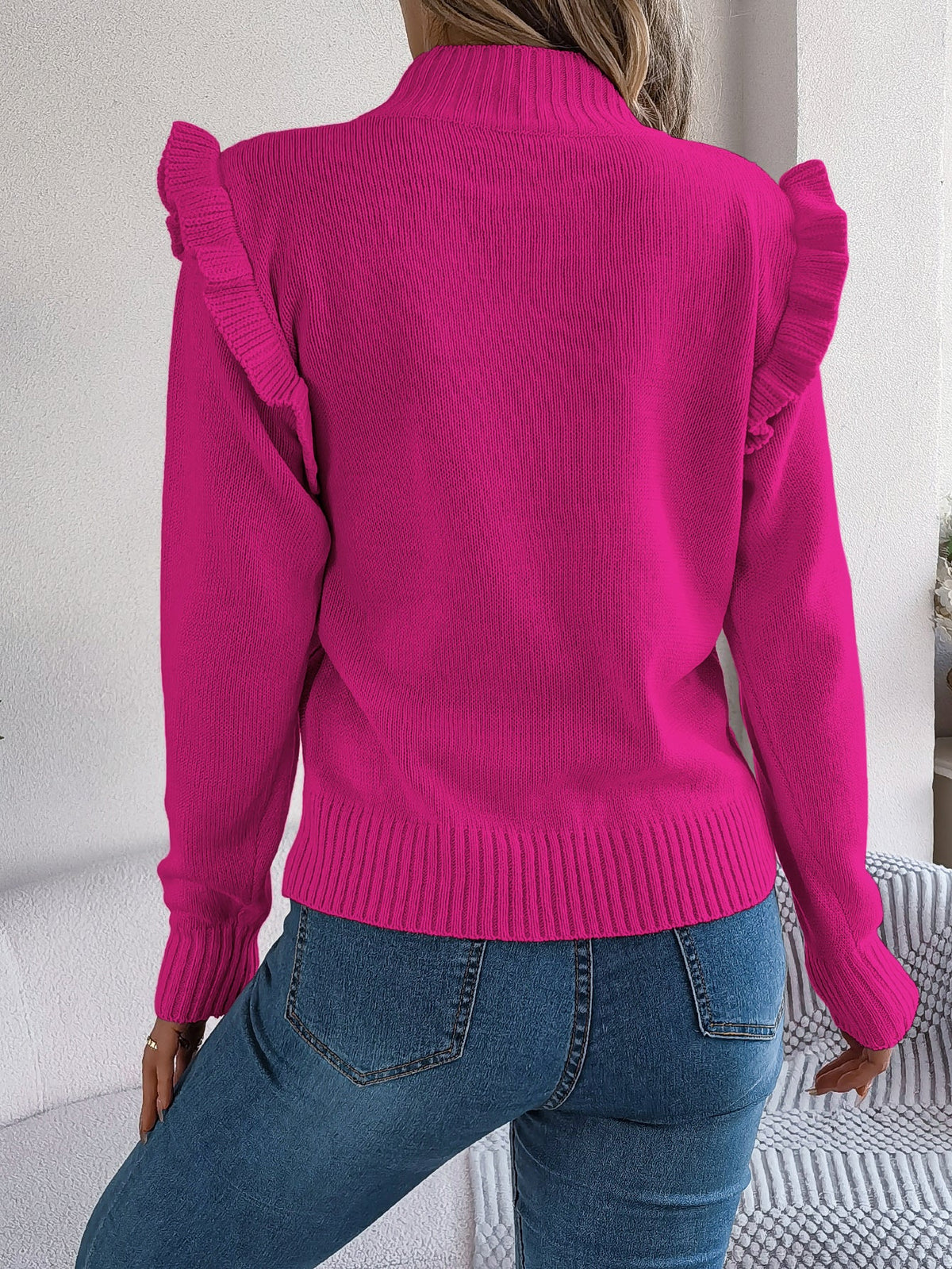 Women Solid Color Ruffled Mock Neck Long Sleeve Pullover Sweater