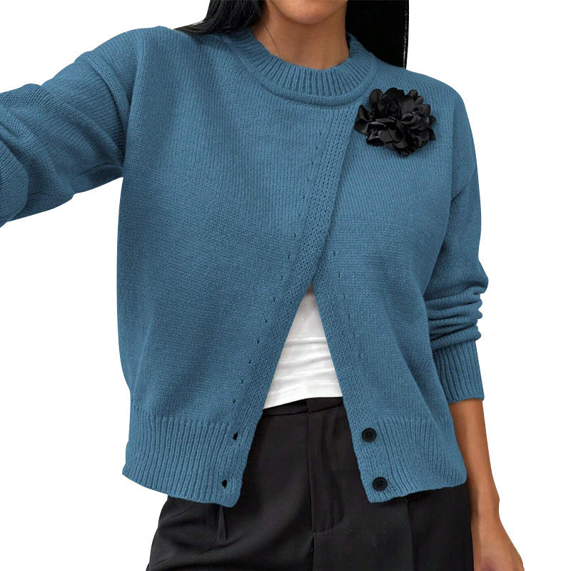 Women's Premium Elegant Solid Color Buttons Black Flower Knitted Pullover