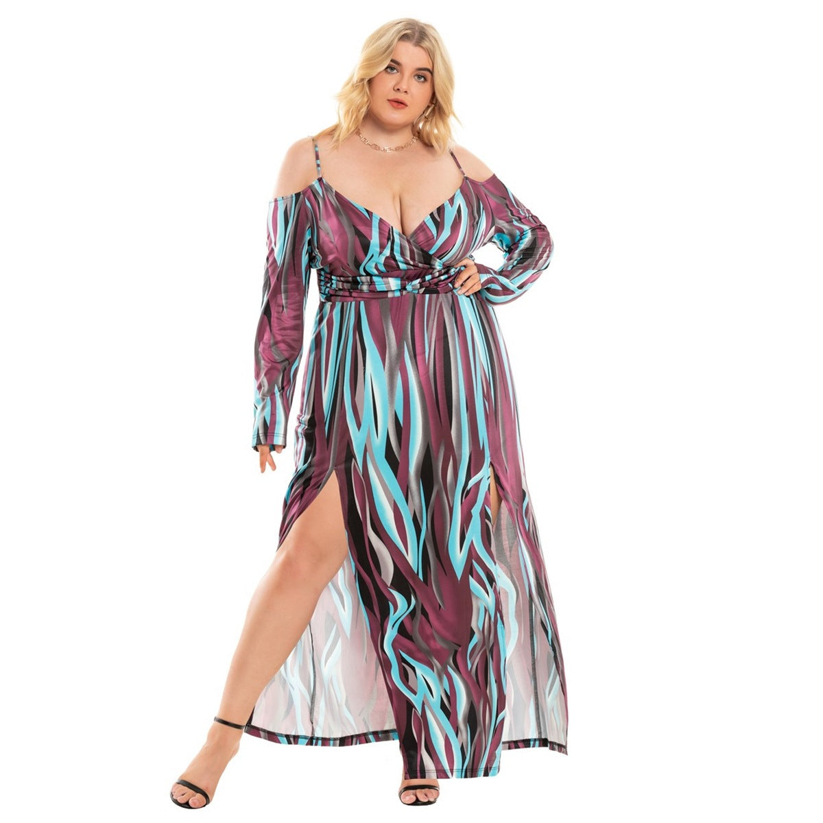 Plus Size Women's Clothing New Sexy Slit V-neck Exposed Dress
