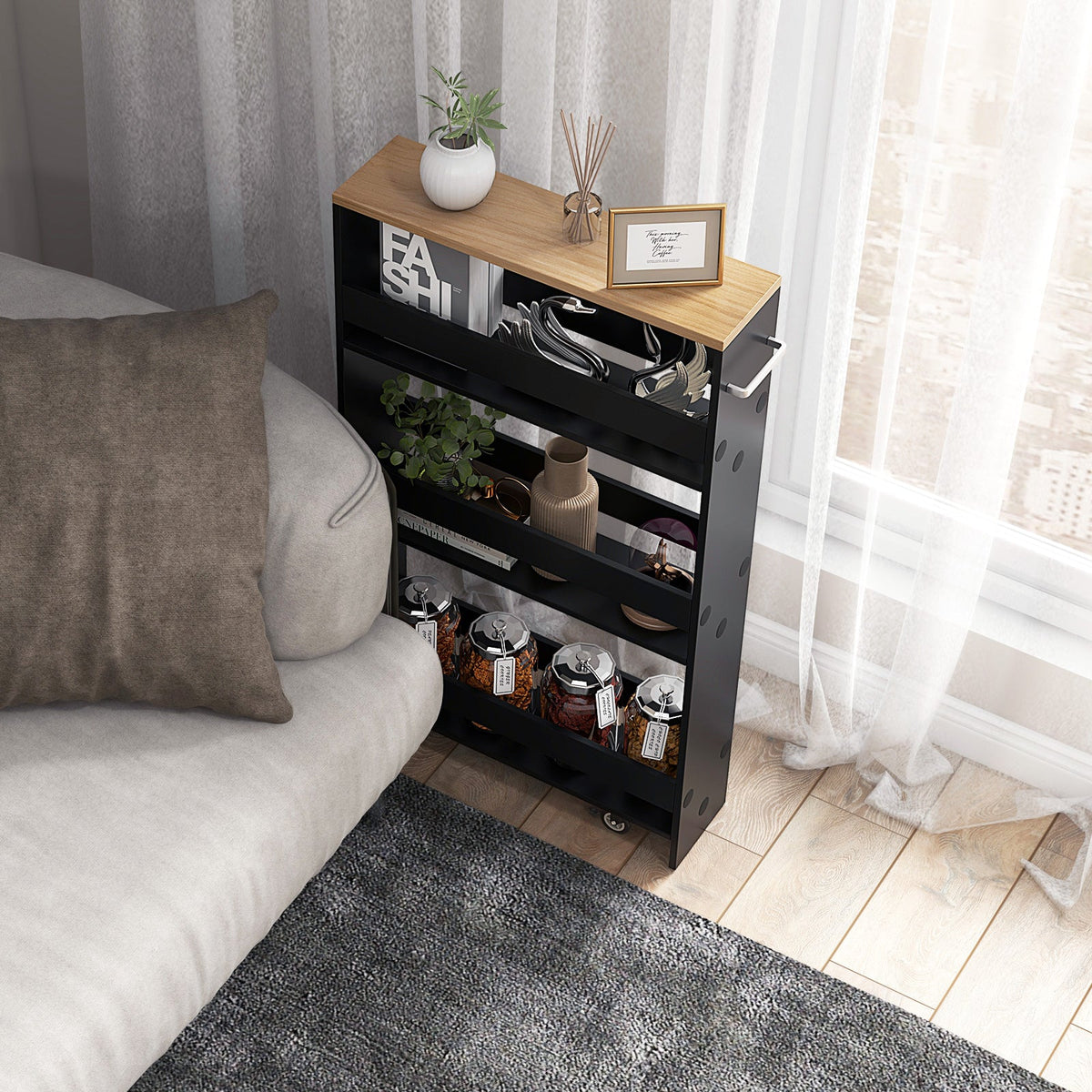 4-Tier Slim Storage Cart with Open Shelves and Wheels-Natural