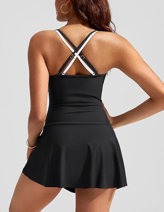 Women Swimsuit One Piece U-Neck Cross Skirted Size L Black