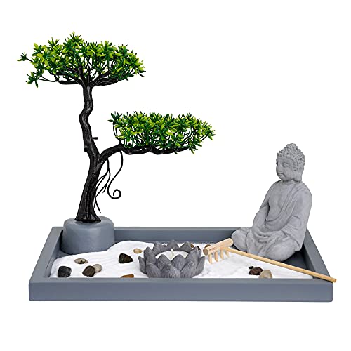 London Boutique Zen Garden Thai Buddha - Candle Holder -White Sand - Decorative Stones - Wooden Shovel - Rectangular Base