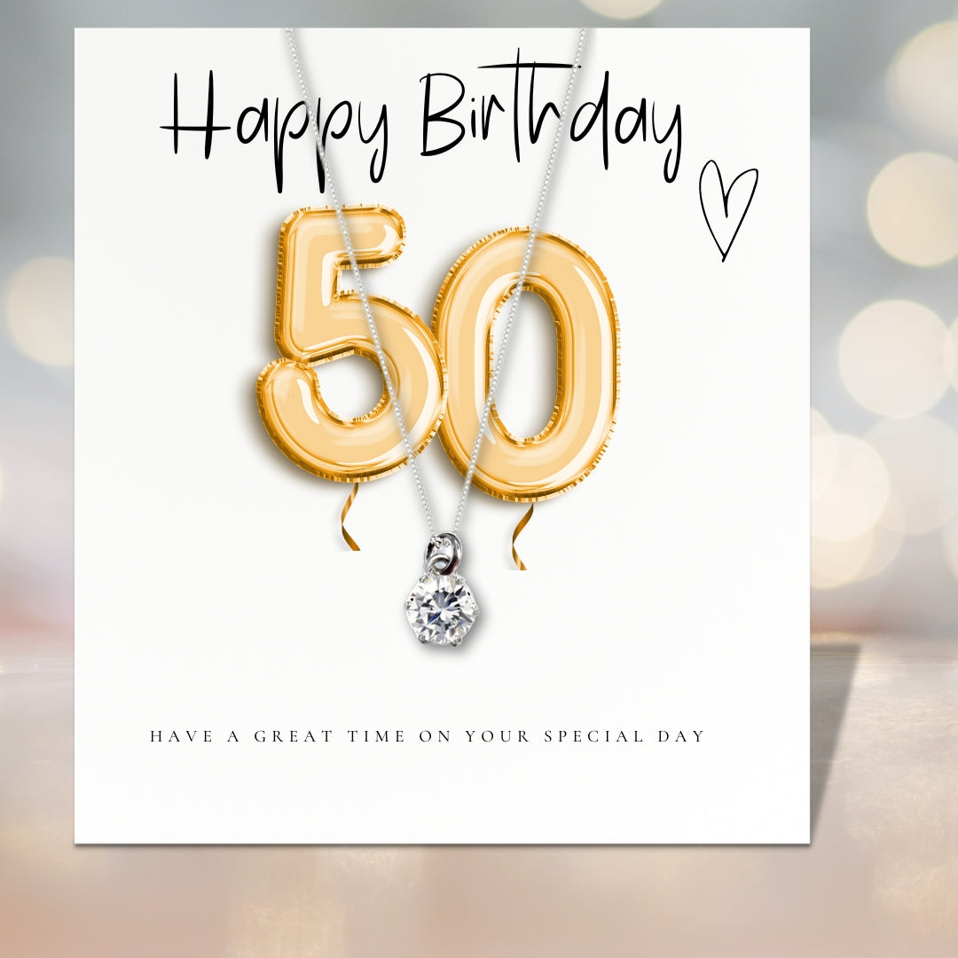 50th Birthday Cubic Zirconia Silver Necklace, Gold Balloons Gift Card