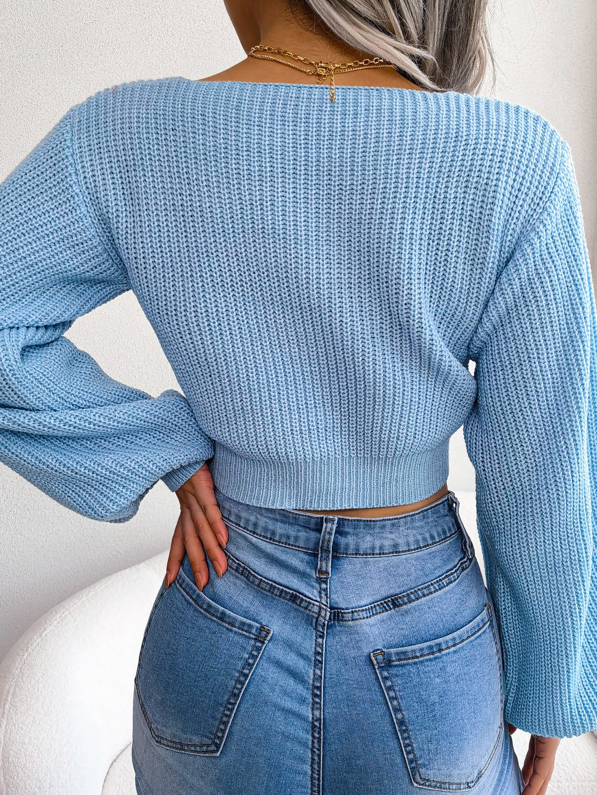 Women Fashion Bow V-Neck Lantern Sleeve Cropped Sweater