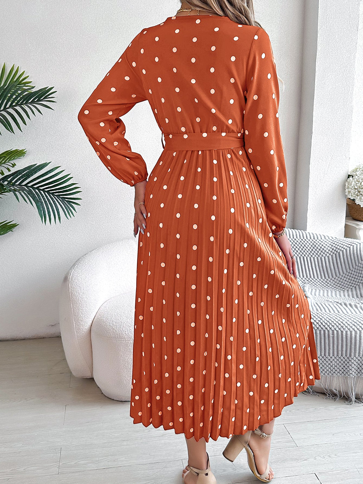 Women's Elegant Color-Blocked Polka Dot Cross V-Neck Pleated Maxi Dress