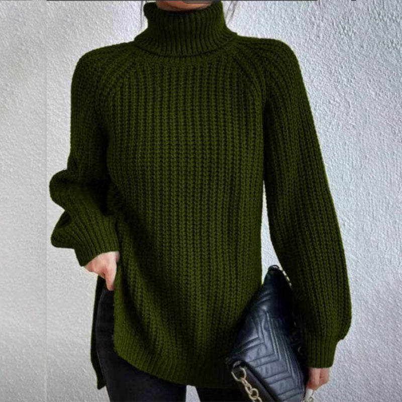 Turtleneck Pullover Sweater With Split Design Fashion Simple Solid Color Long Sleeve Tops Women's Clothing