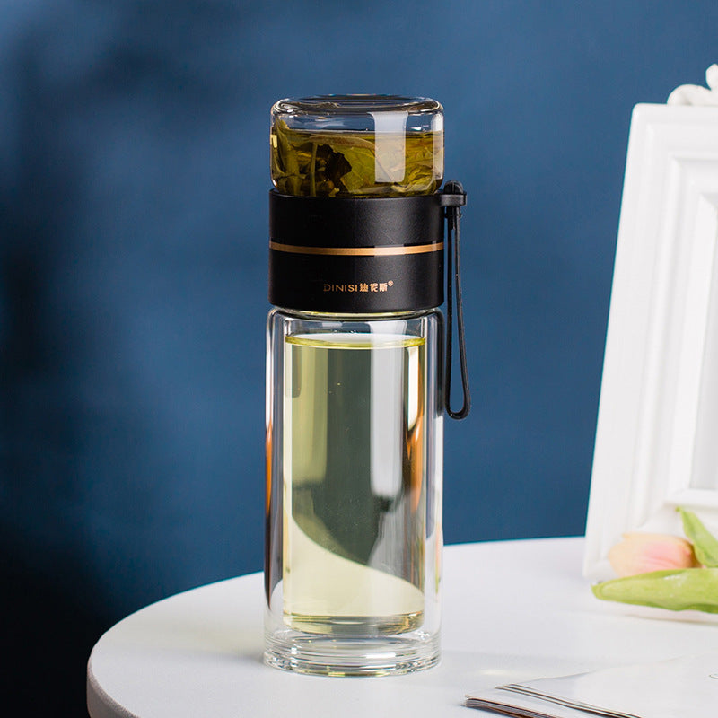 Glass Water Bottle with Tea Infuser - Double Wall Leakproof Tea Separation Bottle