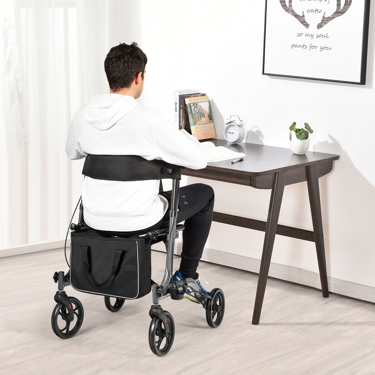 Folding Aluminium Rollator Walker Mobility Aid With 4 Wheels-Black