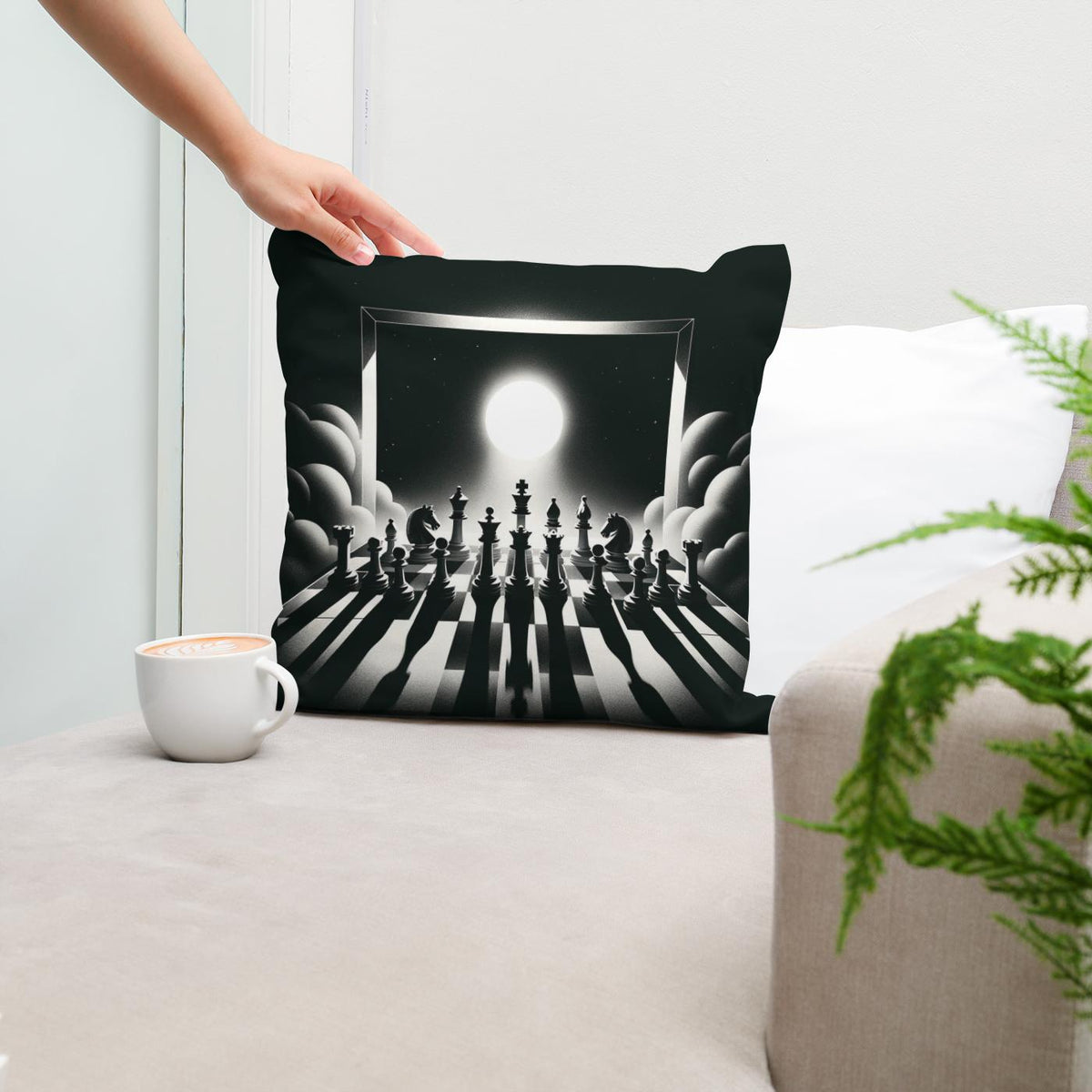 Strategic Shadows: Chessboard Cotton Cushion