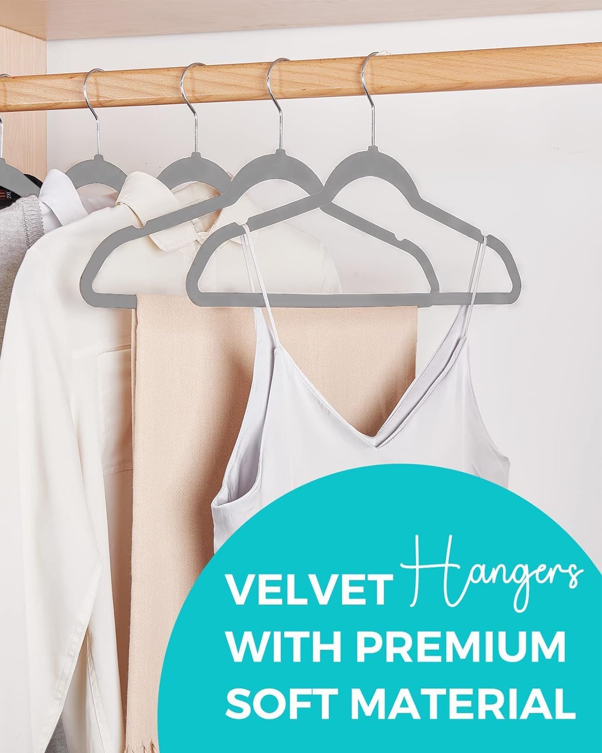 HOUSE DAY 60-Pack Grey Velvet Hangers, Non-Slip, Space-Saving, 360° Rotating