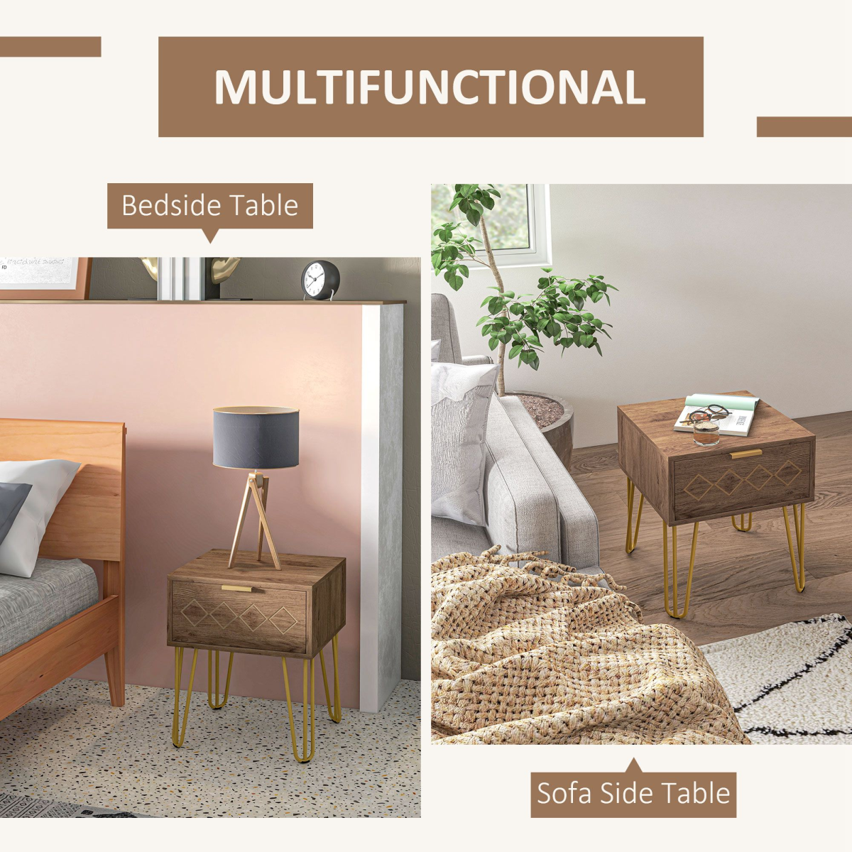 HOMCOM Bedside Table with Drawer, Gold Metal Legs for Living Room Bedroom