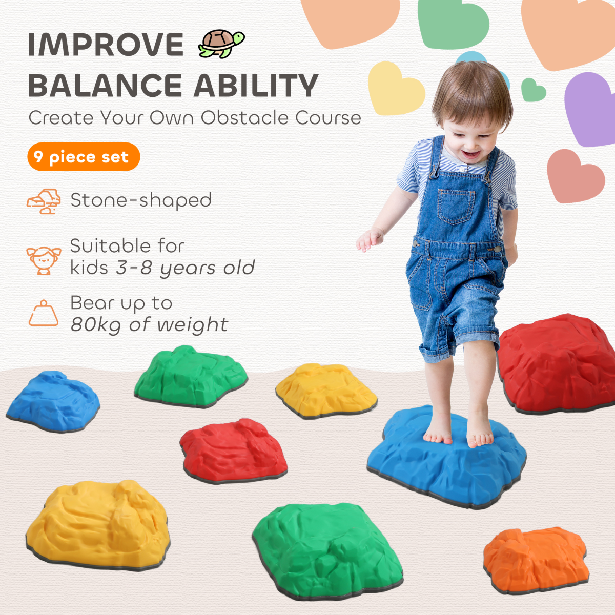 AIYAPLAY Balance Stepping Stones for Kids, 9 PCS River Stones Non-slip Bottom