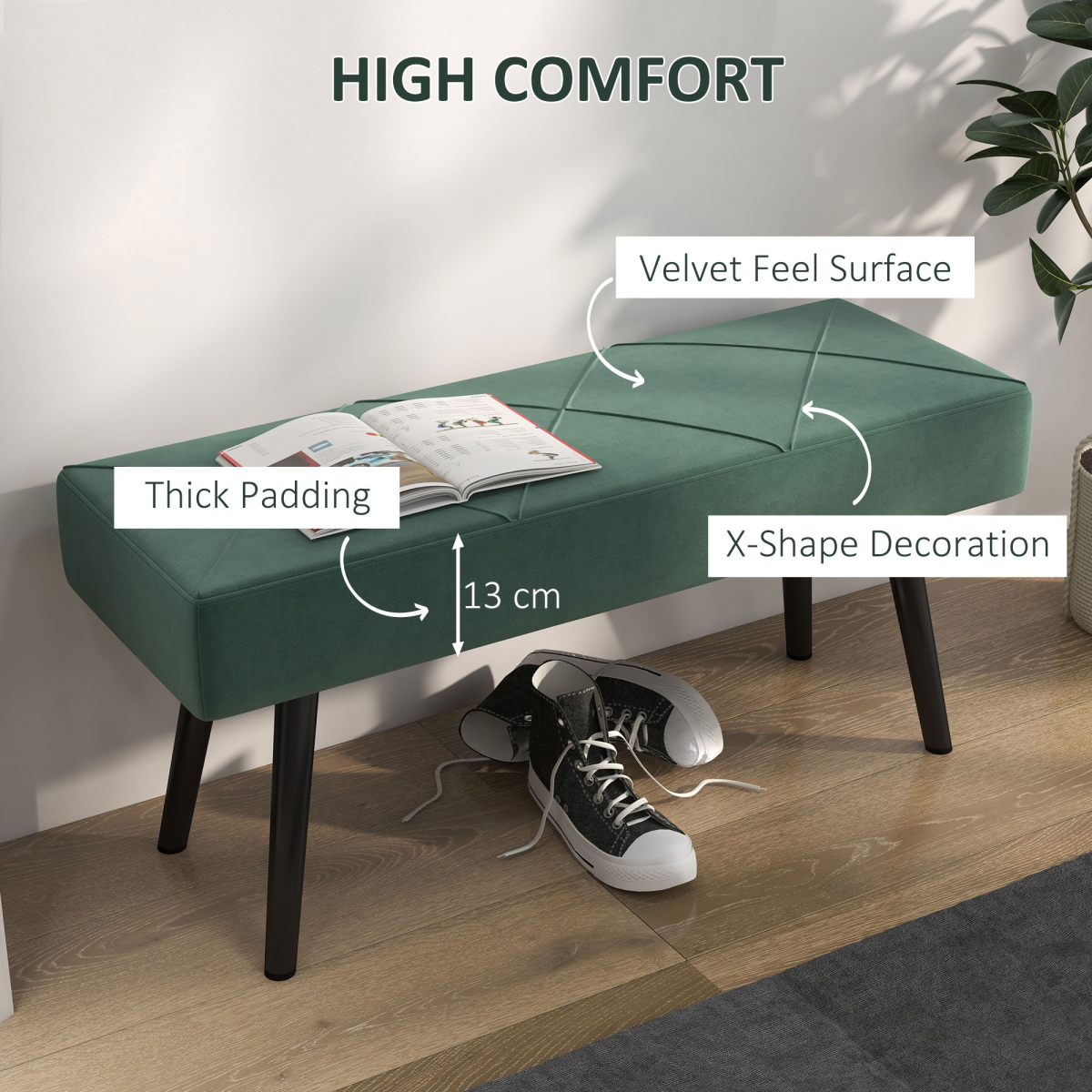 HOMCOM End of Bed Bench, Upholstered Hallway Bedroom with Steel Legs, Green