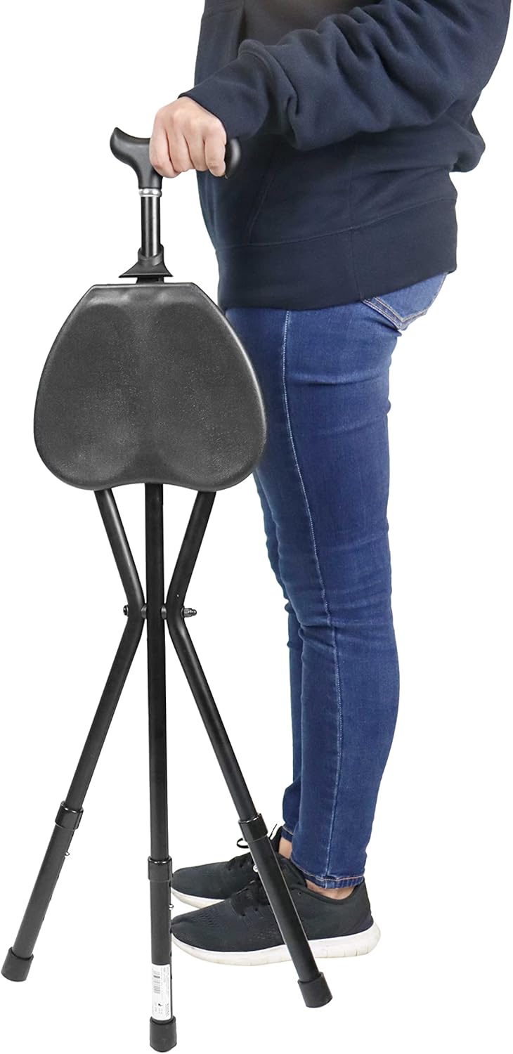 KMINA PRO Walking Stick Chair, Adjustable Handle & Seat, 3-Leg Aluminum Cane