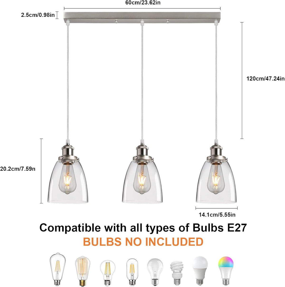 3 Light Glass Pendant Lights Modern Adjustable Ceiling Industrial FORCOSO