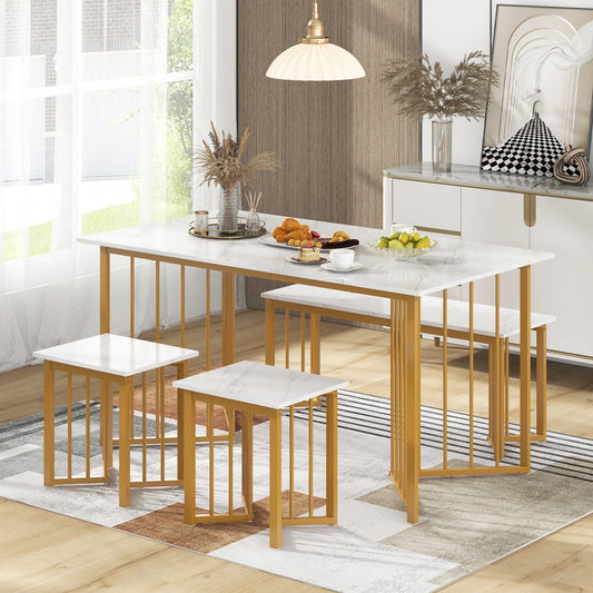 4 Pieces Modern Dinette Dining Table Set with Bench and 2 Stools-White & Golden