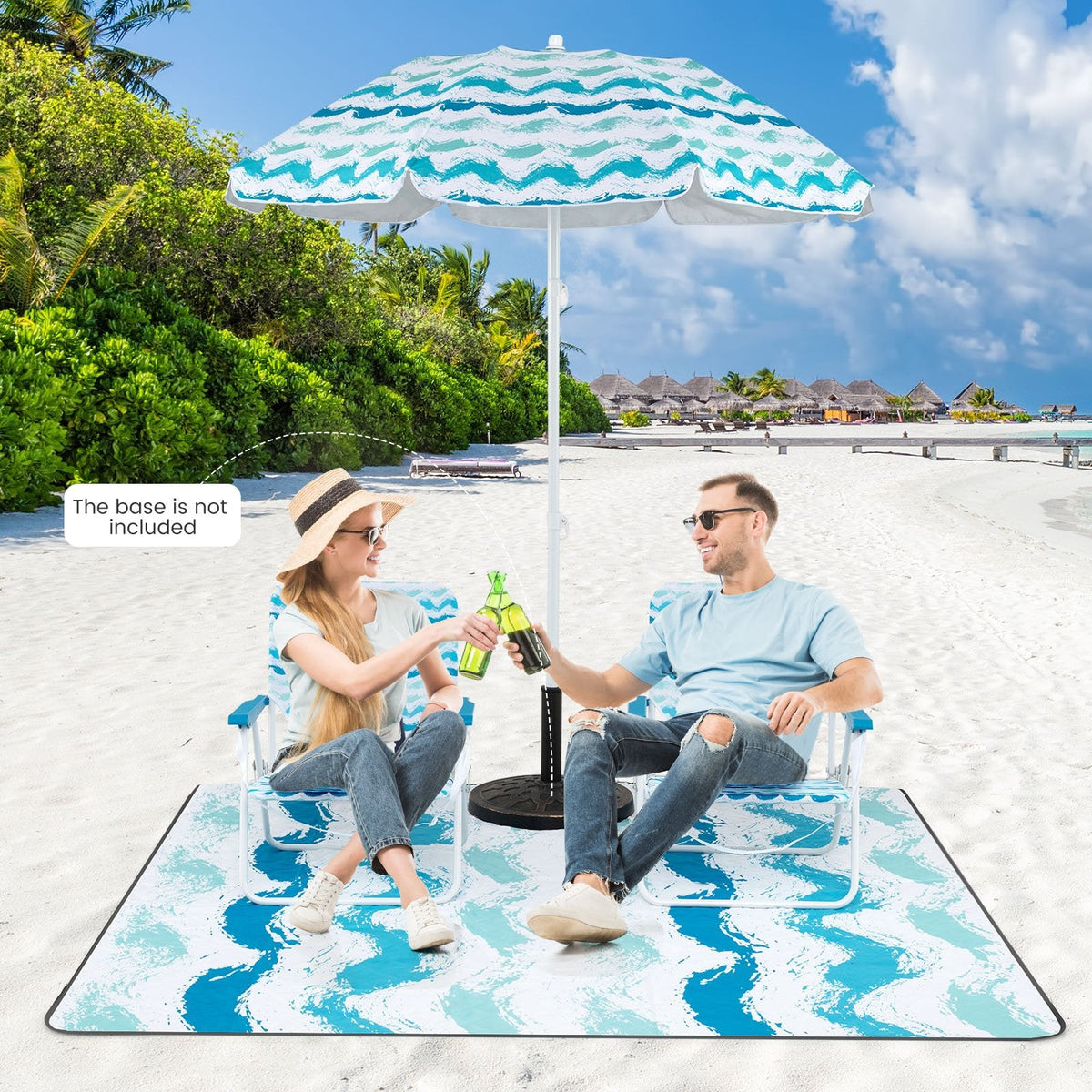 4 Pieces Beach Umbrella Set with 2 Foldable Chairs and Picnic Blanket-Blue