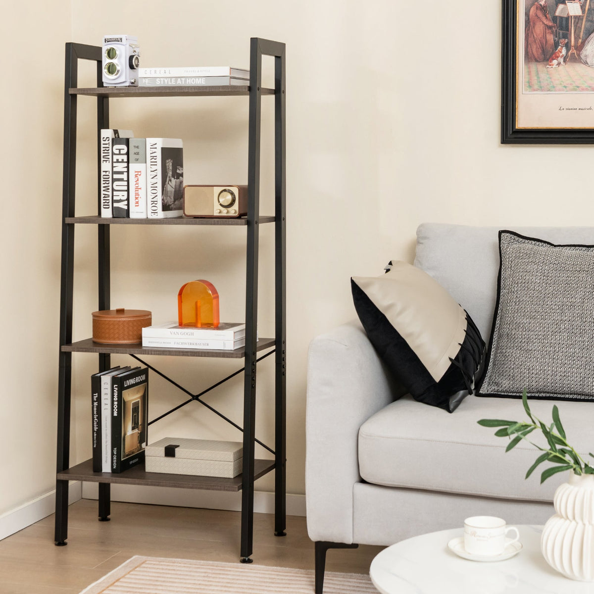 4-Tier Bookshelf with Metal Frame-Rustic Brown
