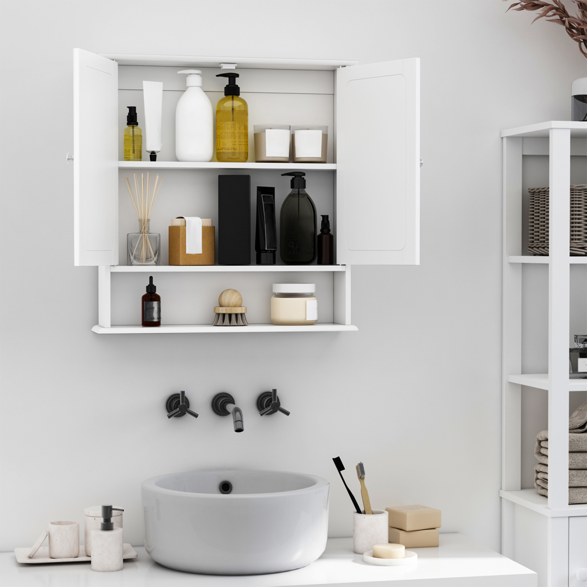 kleankin Wall-mounted Cabinet Mirror Door Bathroom Organiser Living Room White