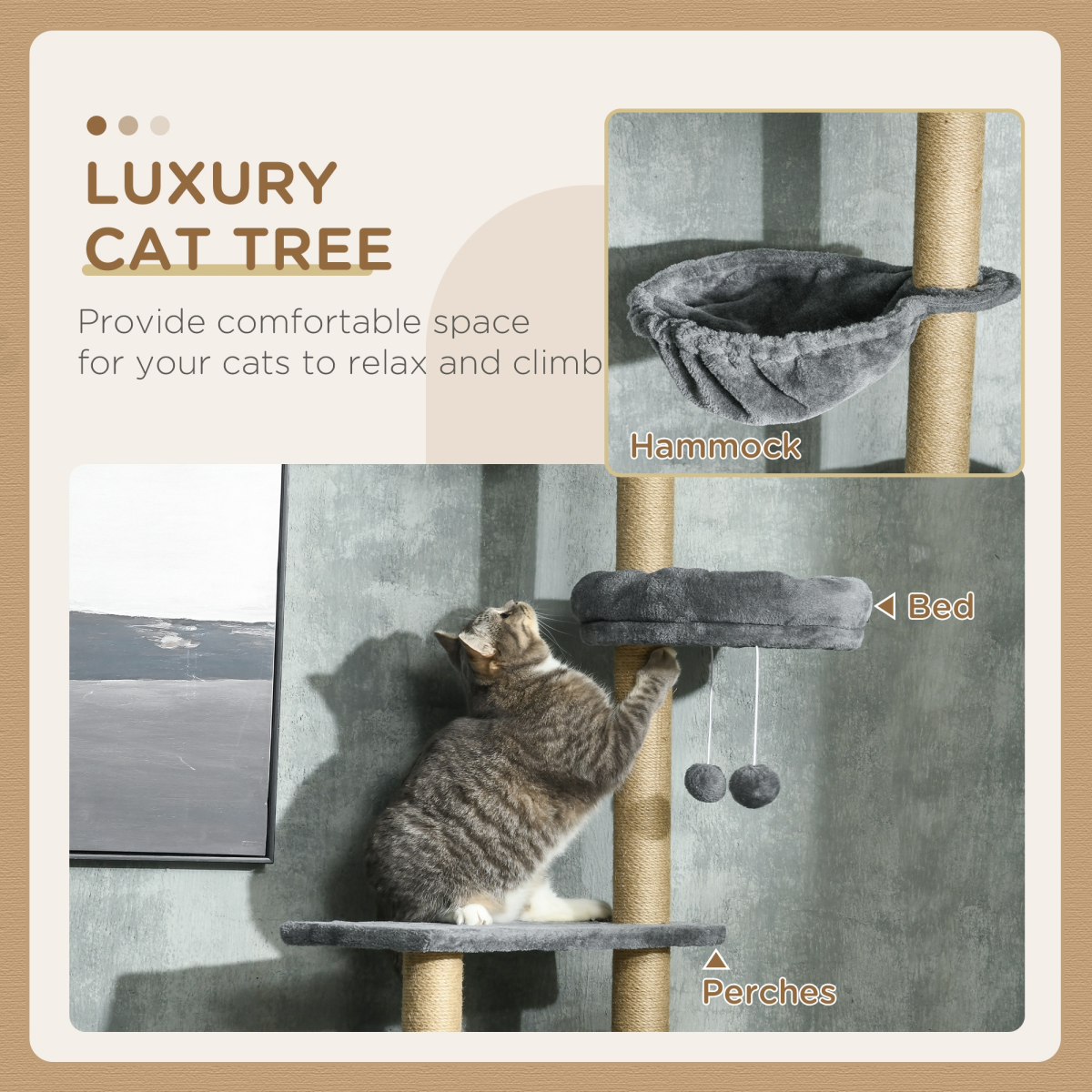6-Tier Floor to Ceiling Cat Tree with Scratching Post, Bed, Hammock, Grey