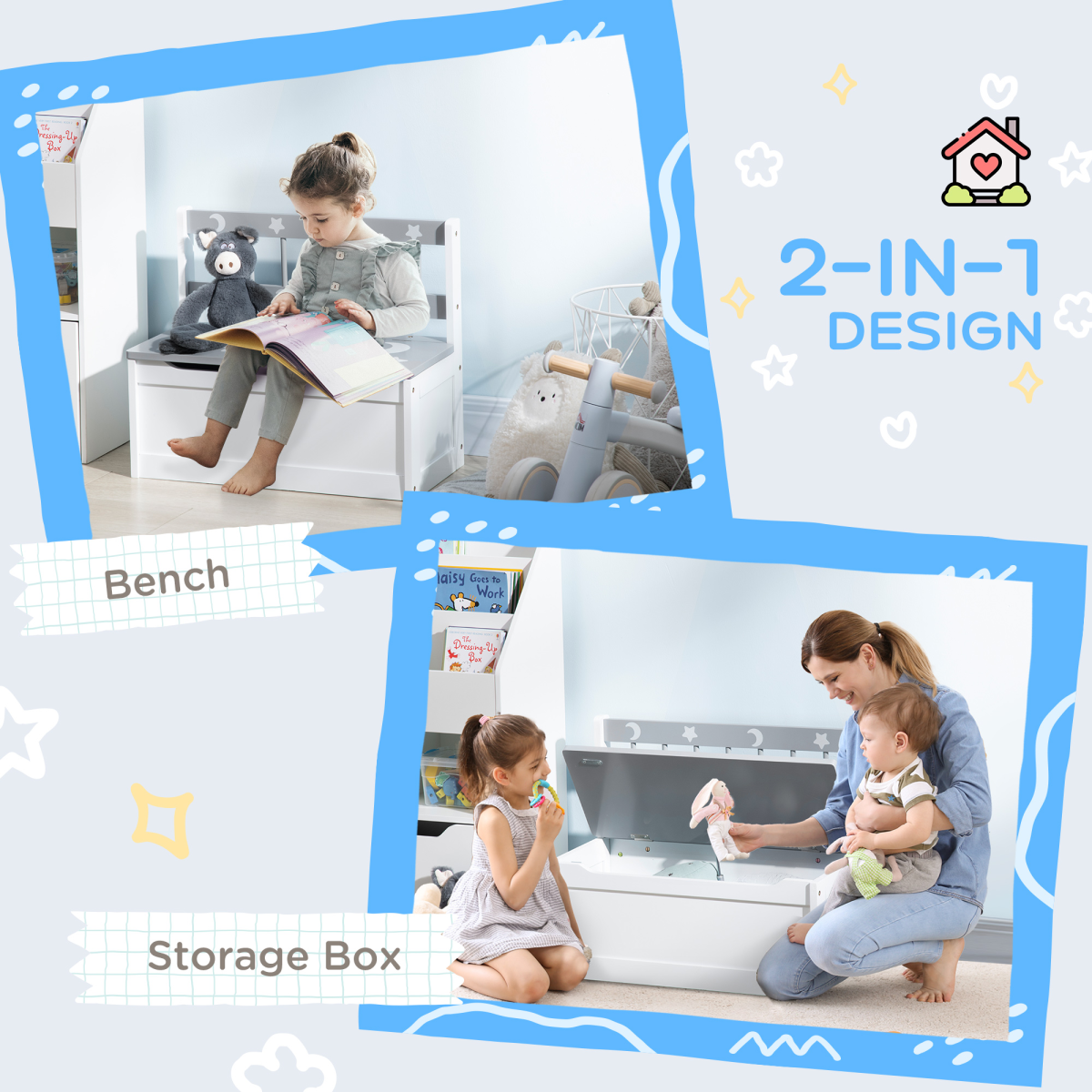 Two-In-One Wooden Toy Box, Kids Storage Bench w/ Safety Rod - Grey