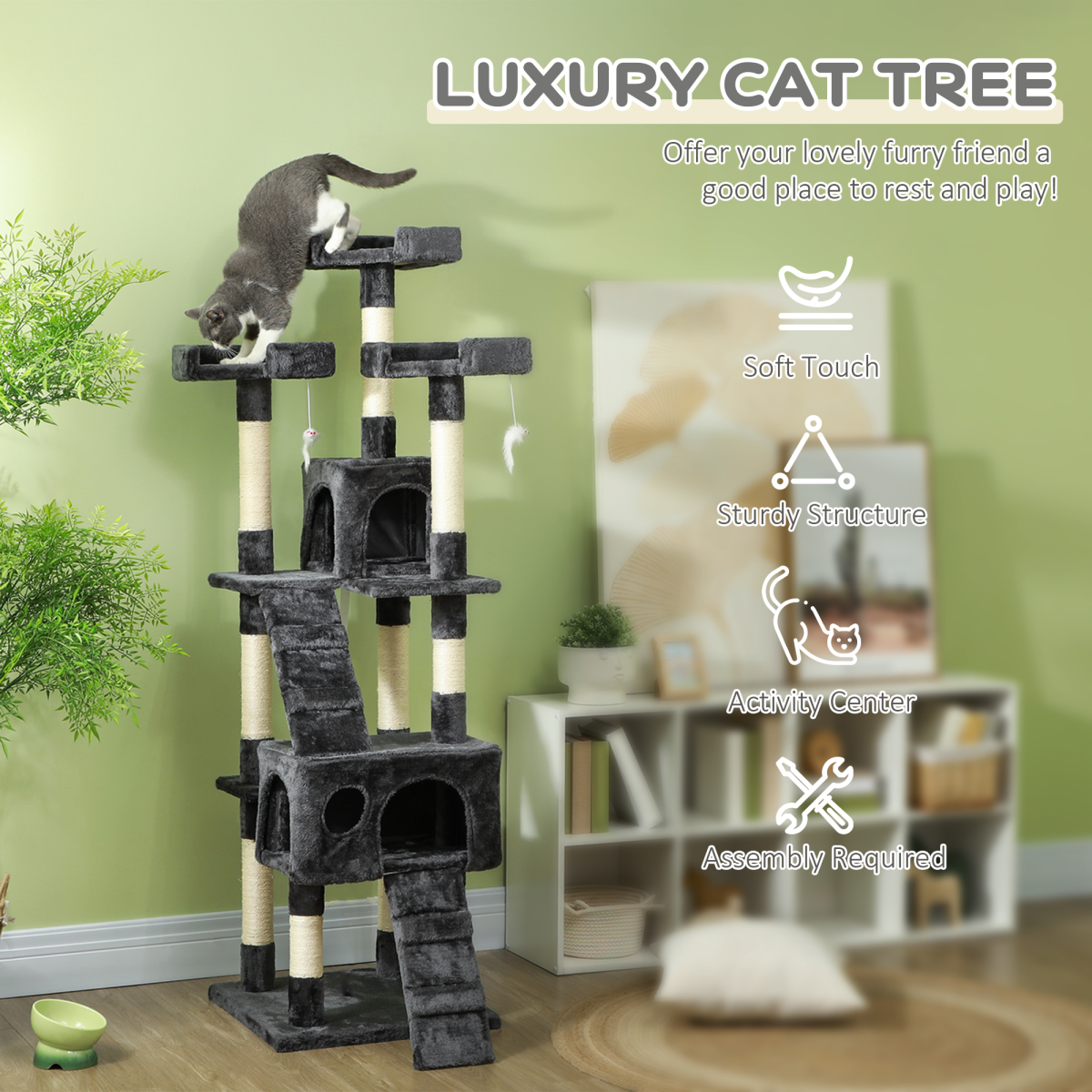 PawHut Cat Tree Scratcher Activity Centre, Condo Scratching Post Toy Bed