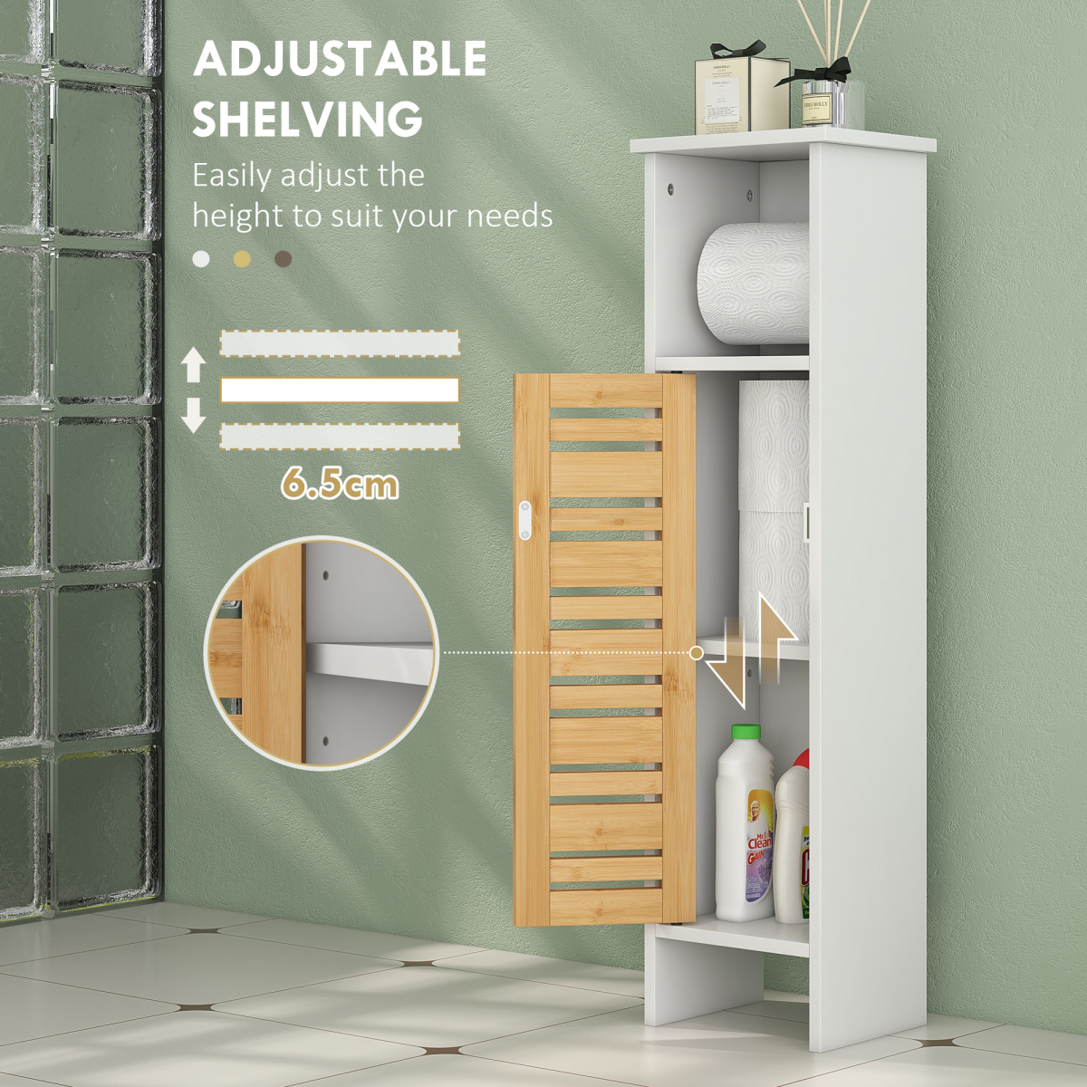 HOMCOM Bathroom Cabinet, Slim Bathroom Unit with Adjustable Shelf, White